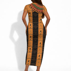 Egyptian God Horus Short Sleeve Bodycon Dress Ancient Mythology Falcon Hieroglyphic Patterns