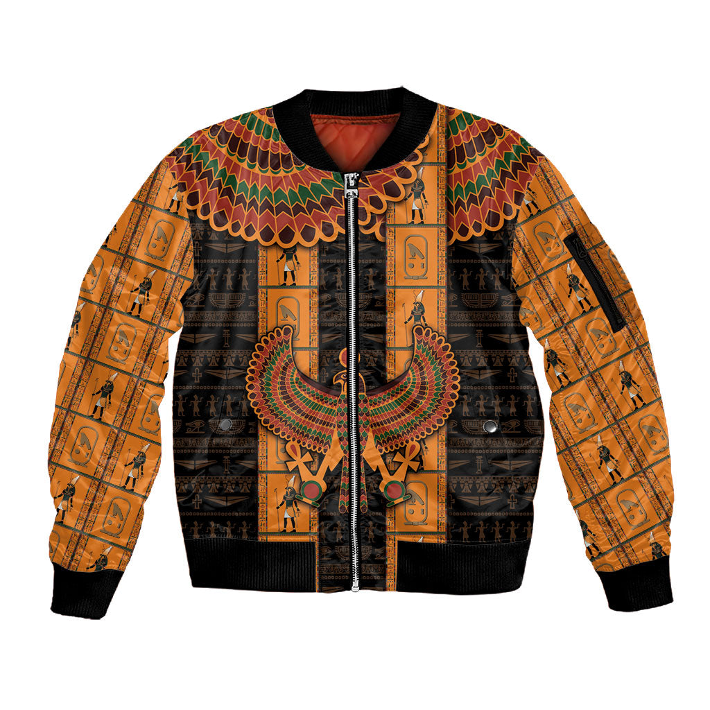 Egyptian God Horus Sleeve Zip Bomber Jacket Ancient Mythology Falcon Hieroglyphic Patterns