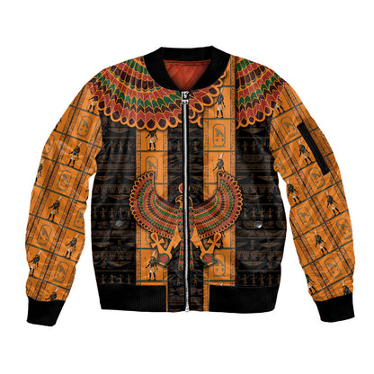 Egyptian God Horus Sleeve Zip Bomber Jacket Ancient Mythology Falcon Hieroglyphic Patterns