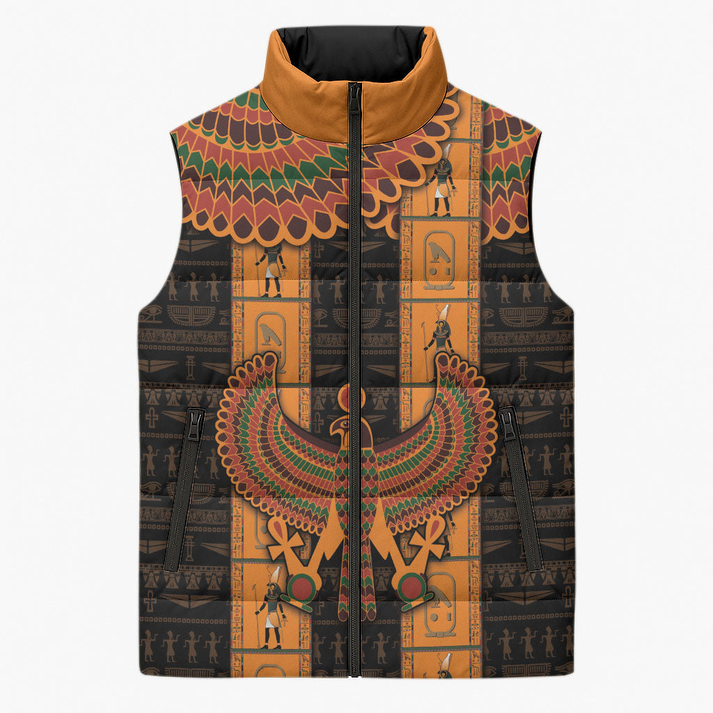 Egyptian God Horus Sleeveless Puffer Jacket Ancient Mythology Falcon Hieroglyphic Patterns