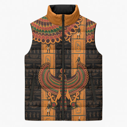 Egyptian God Horus Sleeveless Puffer Jacket Ancient Mythology Falcon Hieroglyphic Patterns
