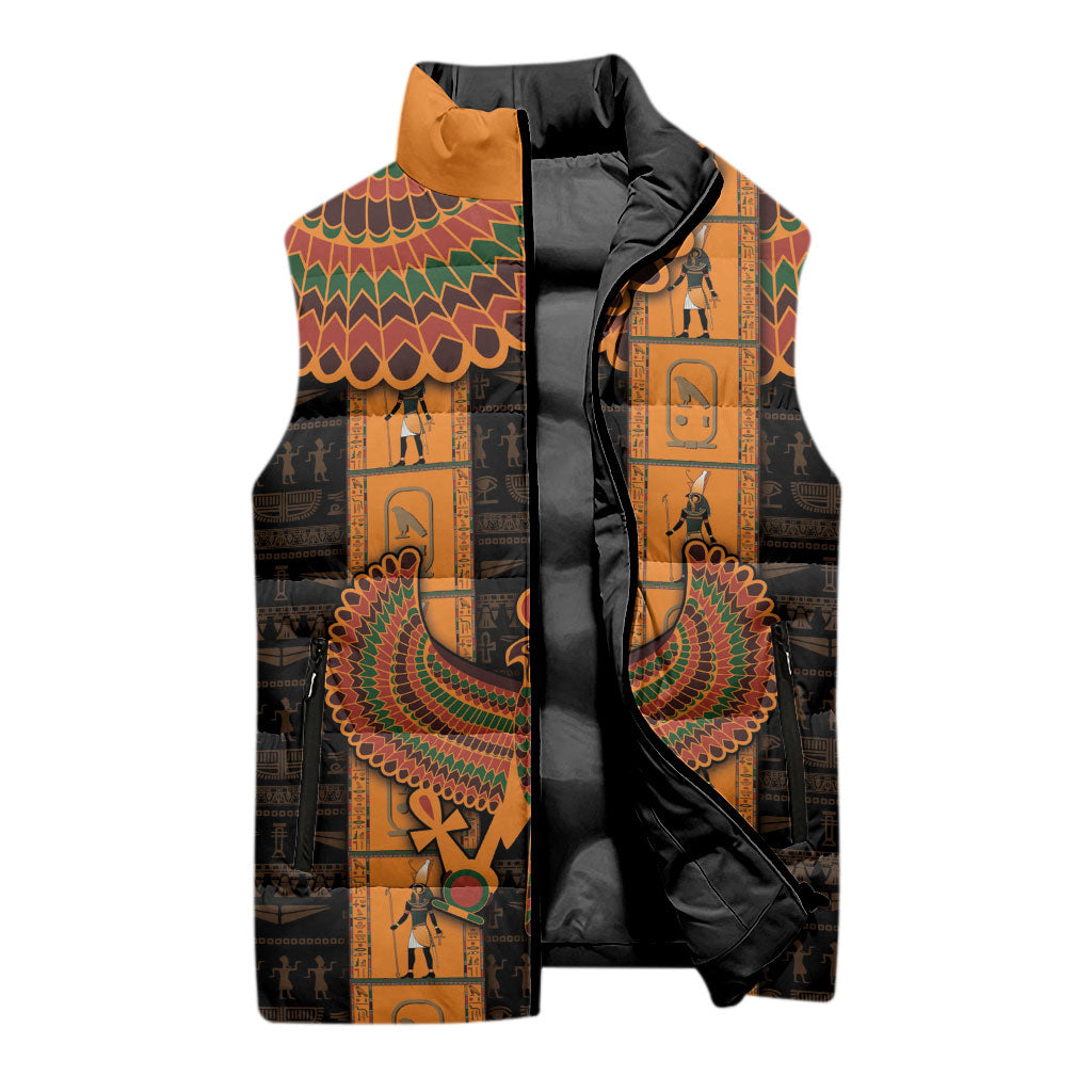 Egyptian God Horus Sleeveless Puffer Jacket Ancient Mythology Falcon Hieroglyphic Patterns