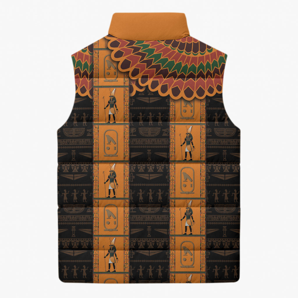 Egyptian God Horus Sleeveless Puffer Jacket Ancient Mythology Falcon Hieroglyphic Patterns