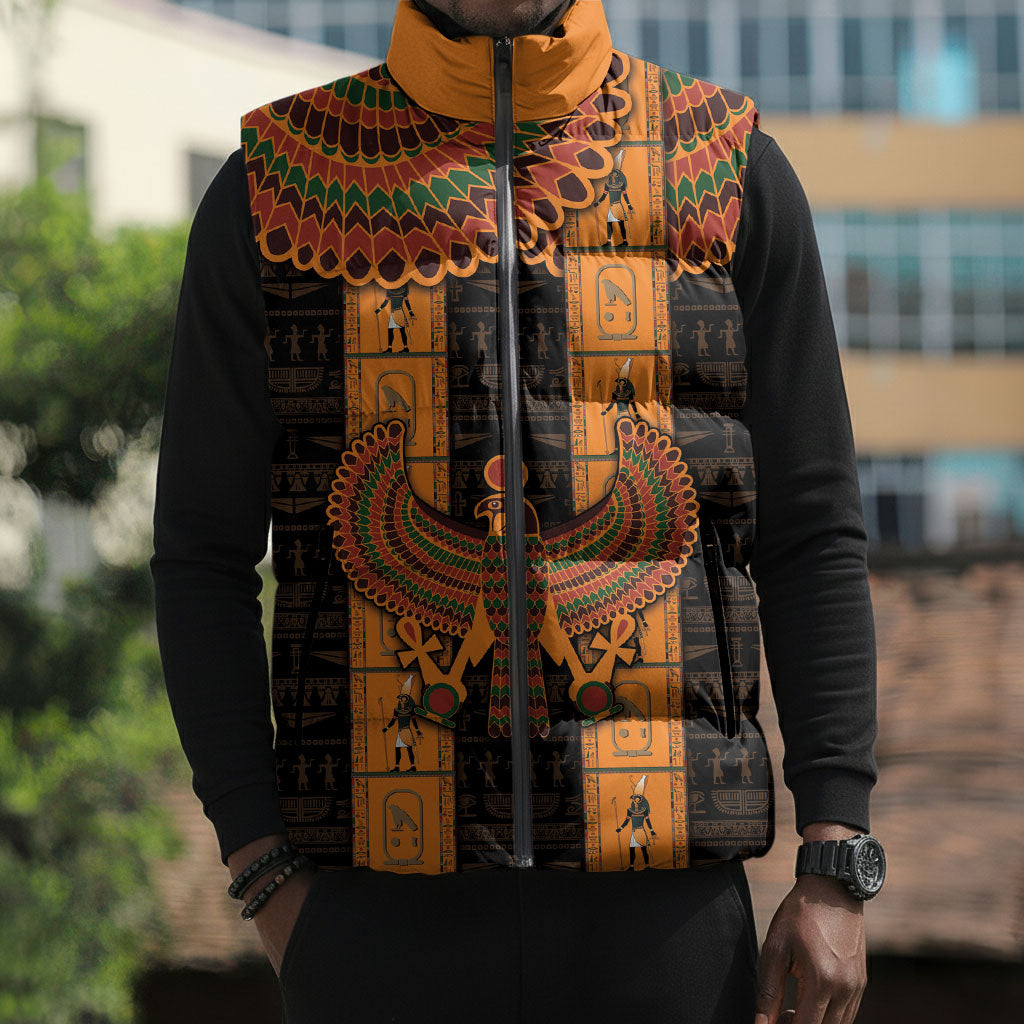 Egyptian God Horus Sleeveless Puffer Jacket Ancient Mythology Falcon Hieroglyphic Patterns