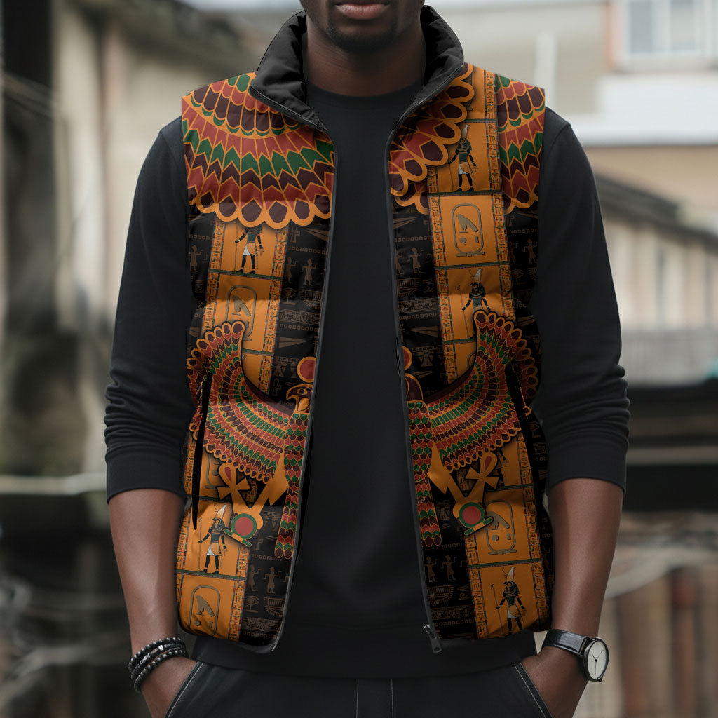 Egyptian God Horus Sleeveless Puffer Jacket Ancient Mythology Falcon Hieroglyphic Patterns