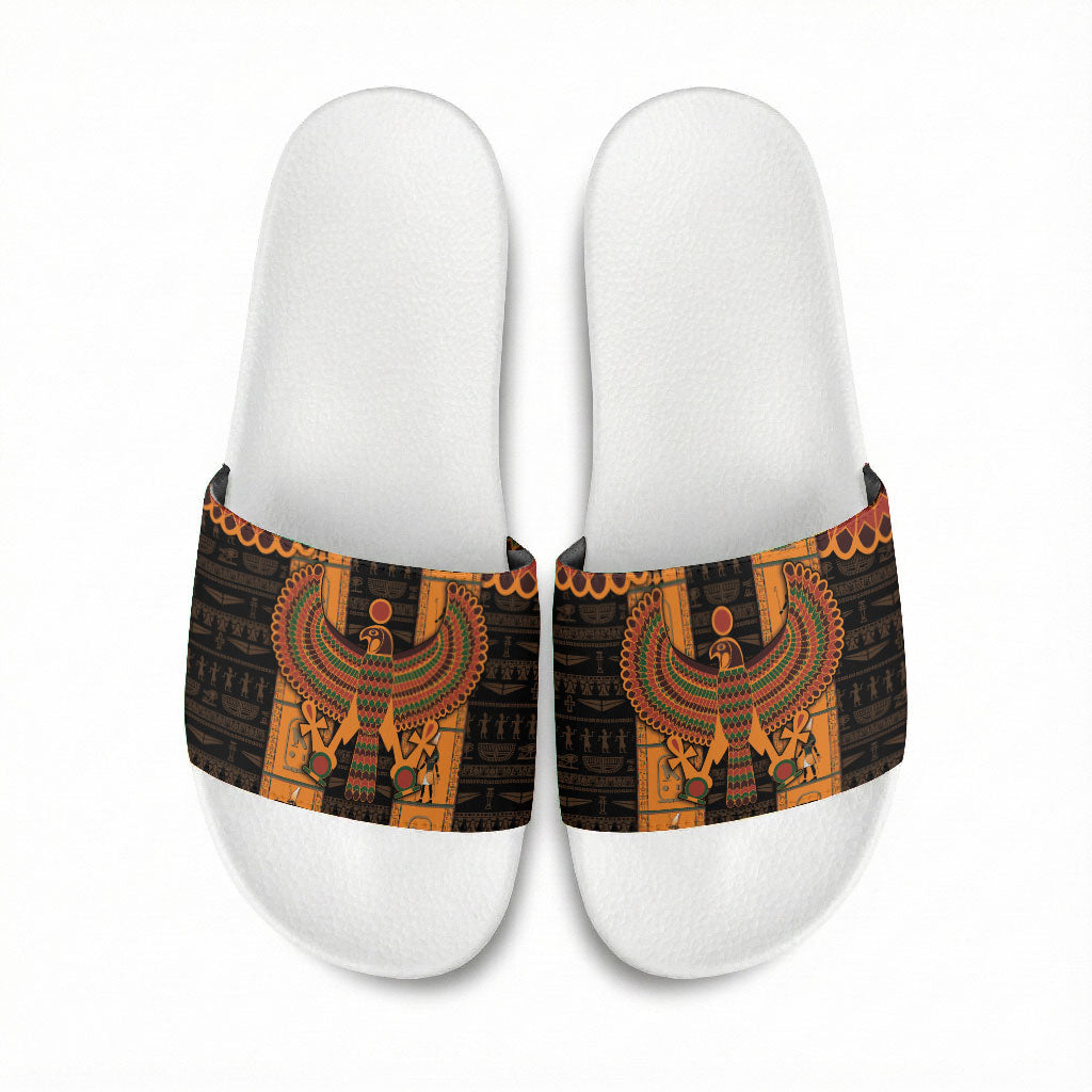 Egyptian God Horus Slide Sandals Ancient Mythology Falcon Hieroglyphic Patterns