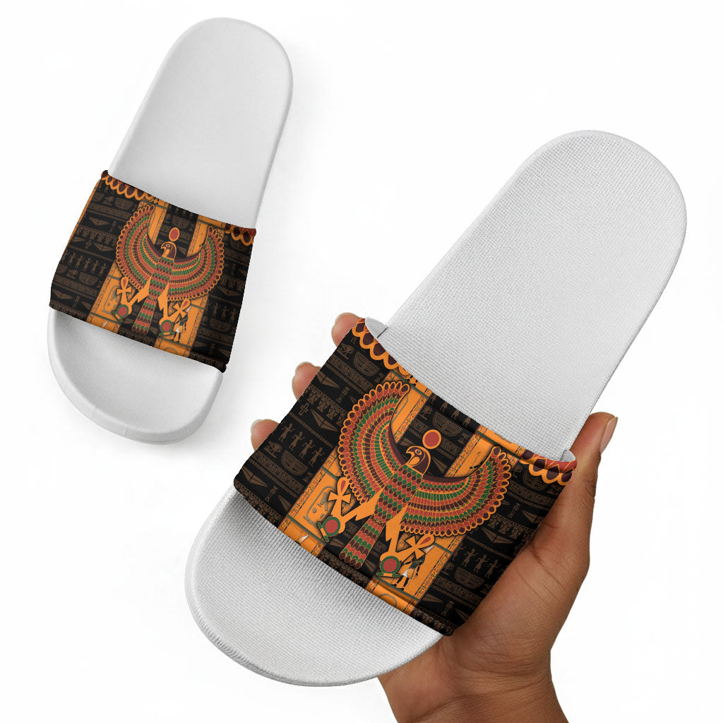 Egyptian God Horus Slide Sandals Ancient Mythology Falcon Hieroglyphic Patterns