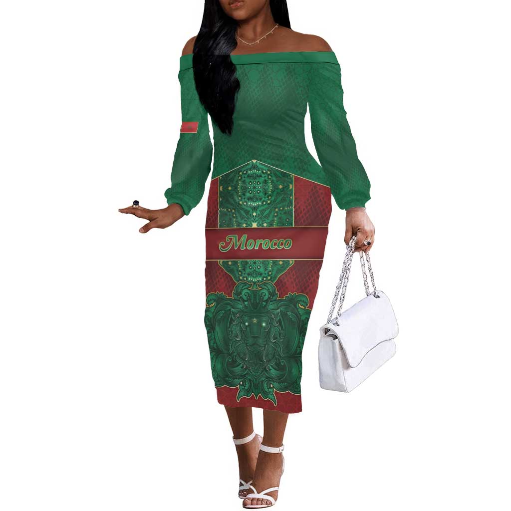 Personalized Morocco Off The Shoulder Long Sleeve Dress Royal Lion Islam Patterns - African Pride