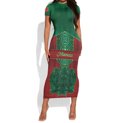 Personalized Morocco Short Sleeve Bodycon Dress Royal Lion Islam Patterns - African Pride