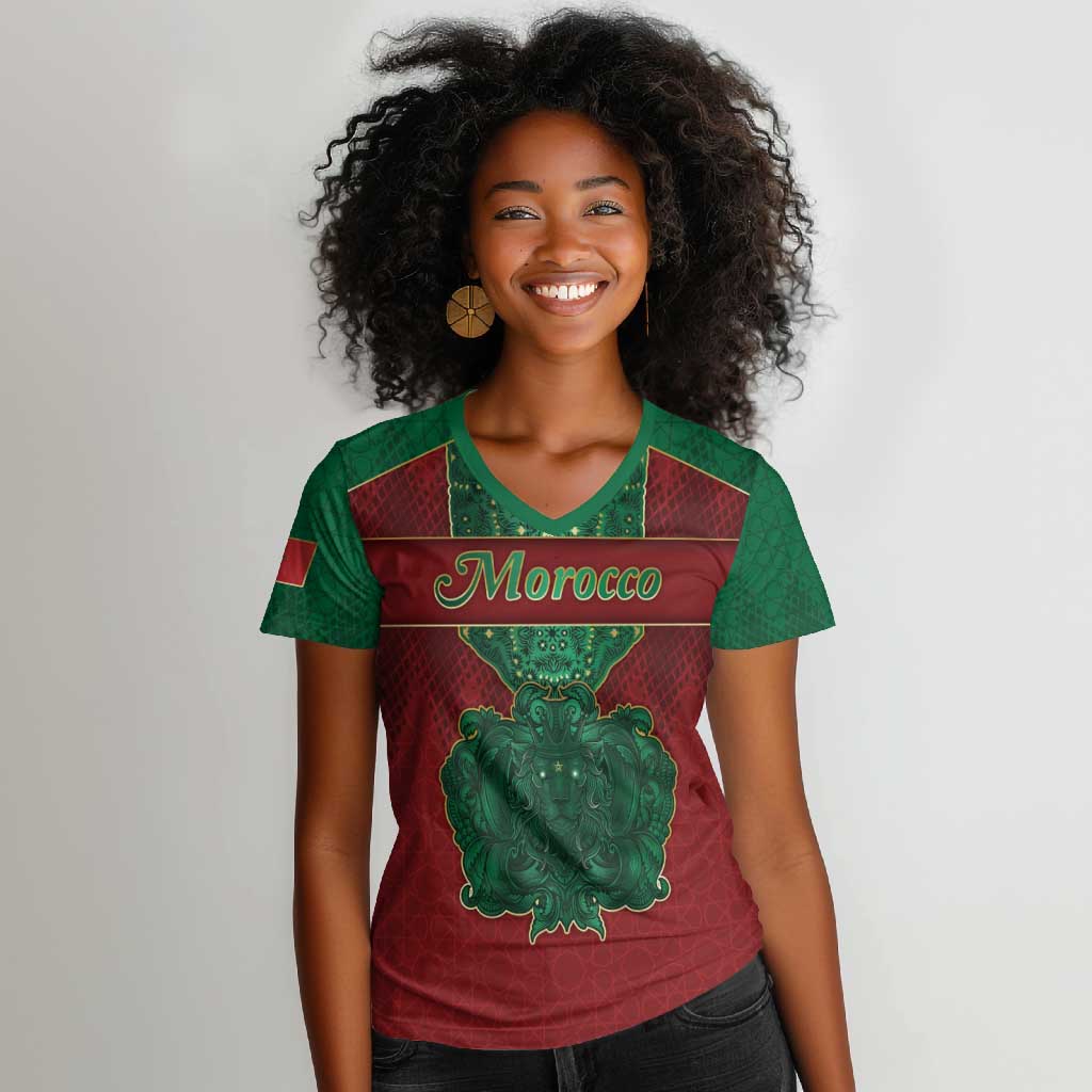 Personalized Morocco Women V-Neck T-Shirt Royal Lion Islam Patterns - African Pride