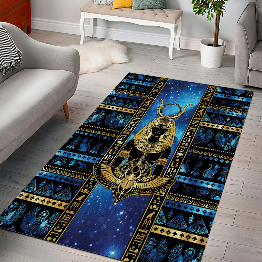 Egyptian Goddess Hathor Area Rug Galaxy Ancient Mythology Sun Disk Cow Horn