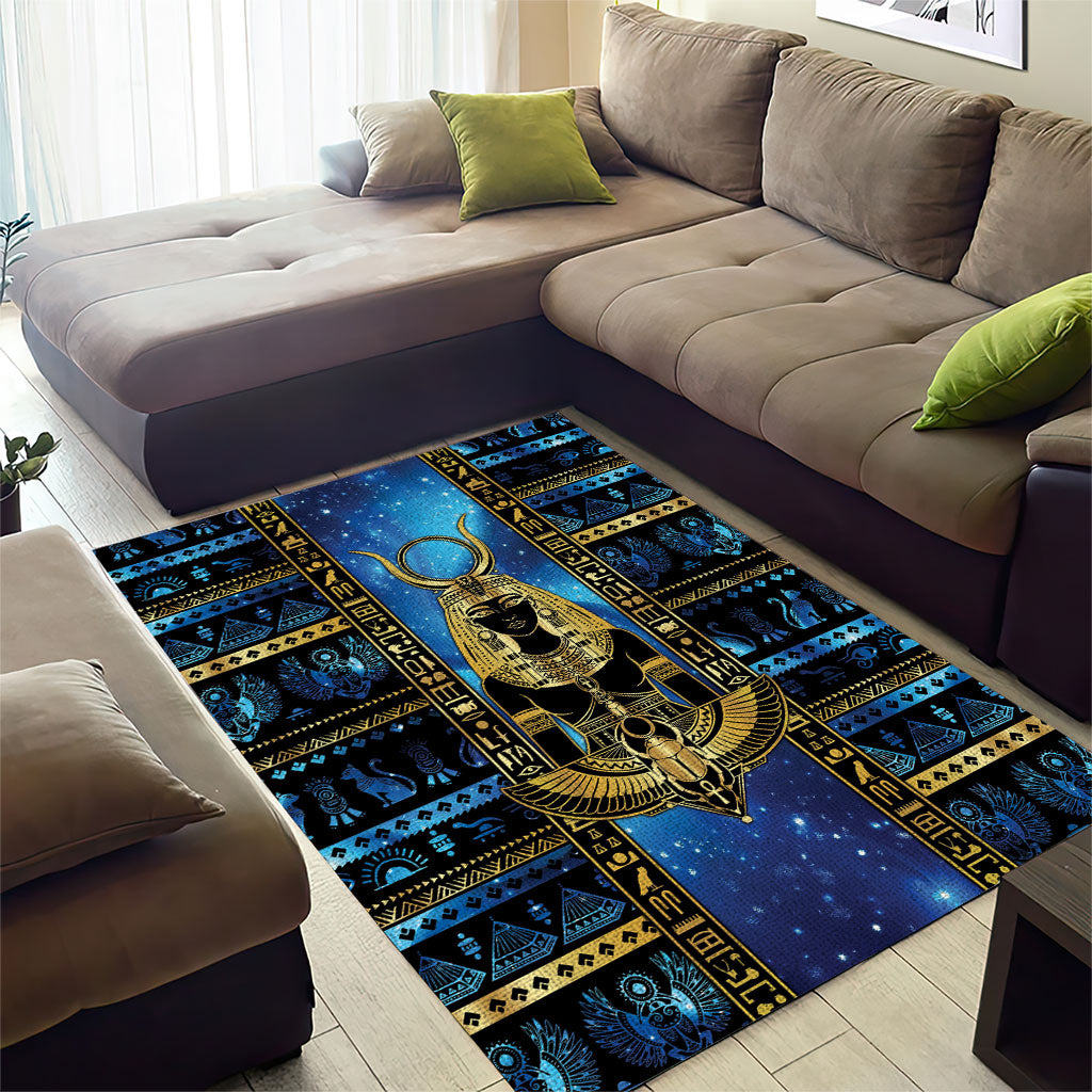 Egyptian Goddess Hathor Area Rug Galaxy Ancient Mythology Sun Disk Cow Horn