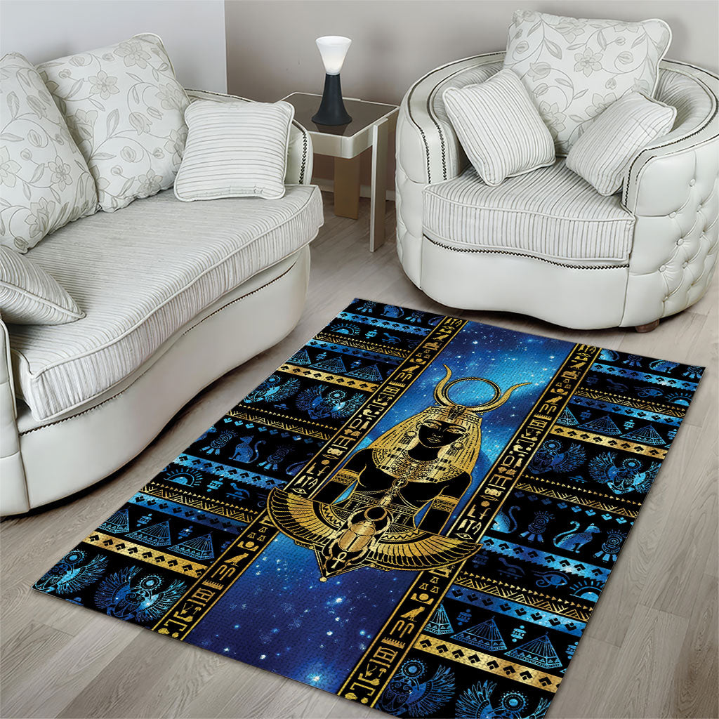 Egyptian Goddess Hathor Area Rug Galaxy Ancient Mythology Sun Disk Cow Horn
