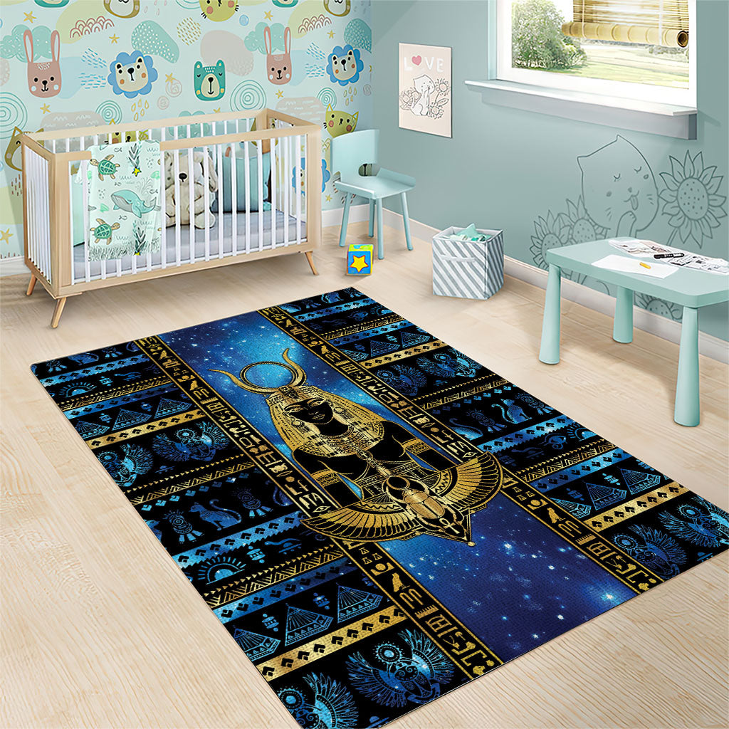 Egyptian Goddess Hathor Area Rug Galaxy Ancient Mythology Sun Disk Cow Horn