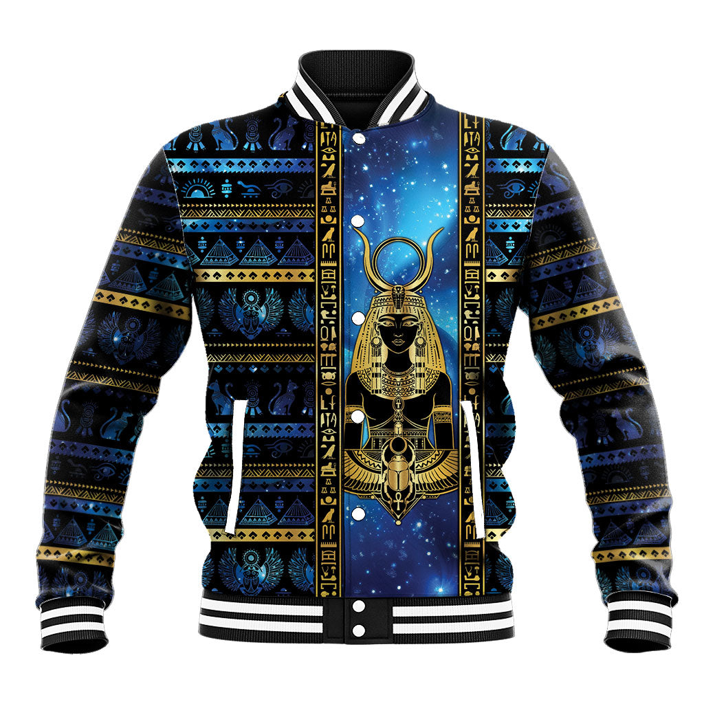 Egyptian Goddess Hathor Baseball Jacket Galaxy Ancient Mythology Sun Disk Cow Horn