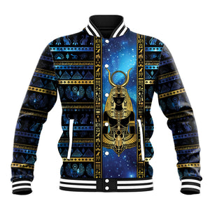 Egyptian Goddess Hathor Baseball Jacket Galaxy Ancient Mythology Sun Disk Cow Horn