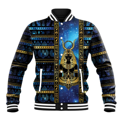 Egyptian Goddess Hathor Baseball Jacket Galaxy Ancient Mythology Sun Disk Cow Horn
