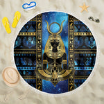 Egyptian Goddess Hathor Beach Blanket Galaxy Ancient Mythology Sun Disk Cow Horn