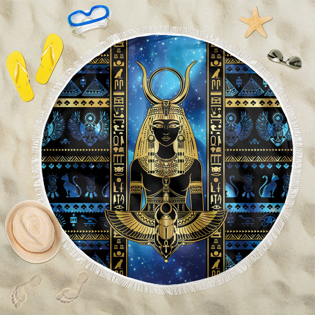 Egyptian Goddess Hathor Beach Blanket Galaxy Ancient Mythology Sun Disk Cow Horn