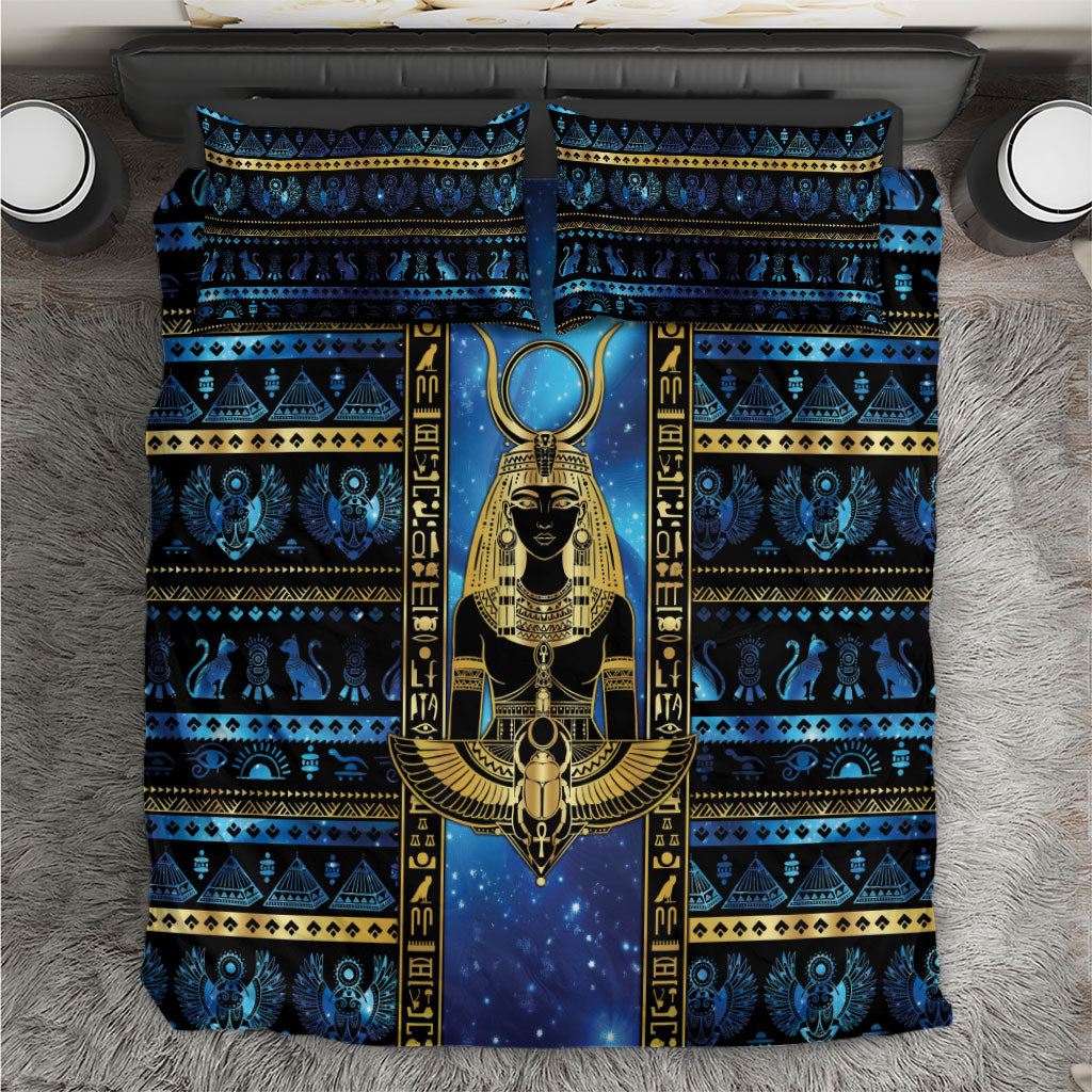 Egyptian Goddess Hathor Bedding Set Galaxy Ancient Mythology Sun Disk Cow Horn