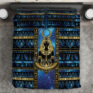 Egyptian Goddess Hathor Bedding Set Galaxy Ancient Mythology Sun Disk Cow Horn