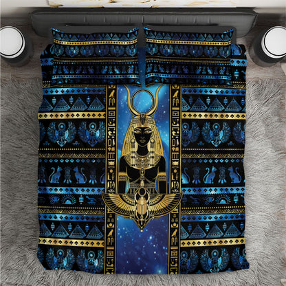 Egyptian Goddess Hathor Bedding Set Galaxy Ancient Mythology Sun Disk Cow Horn