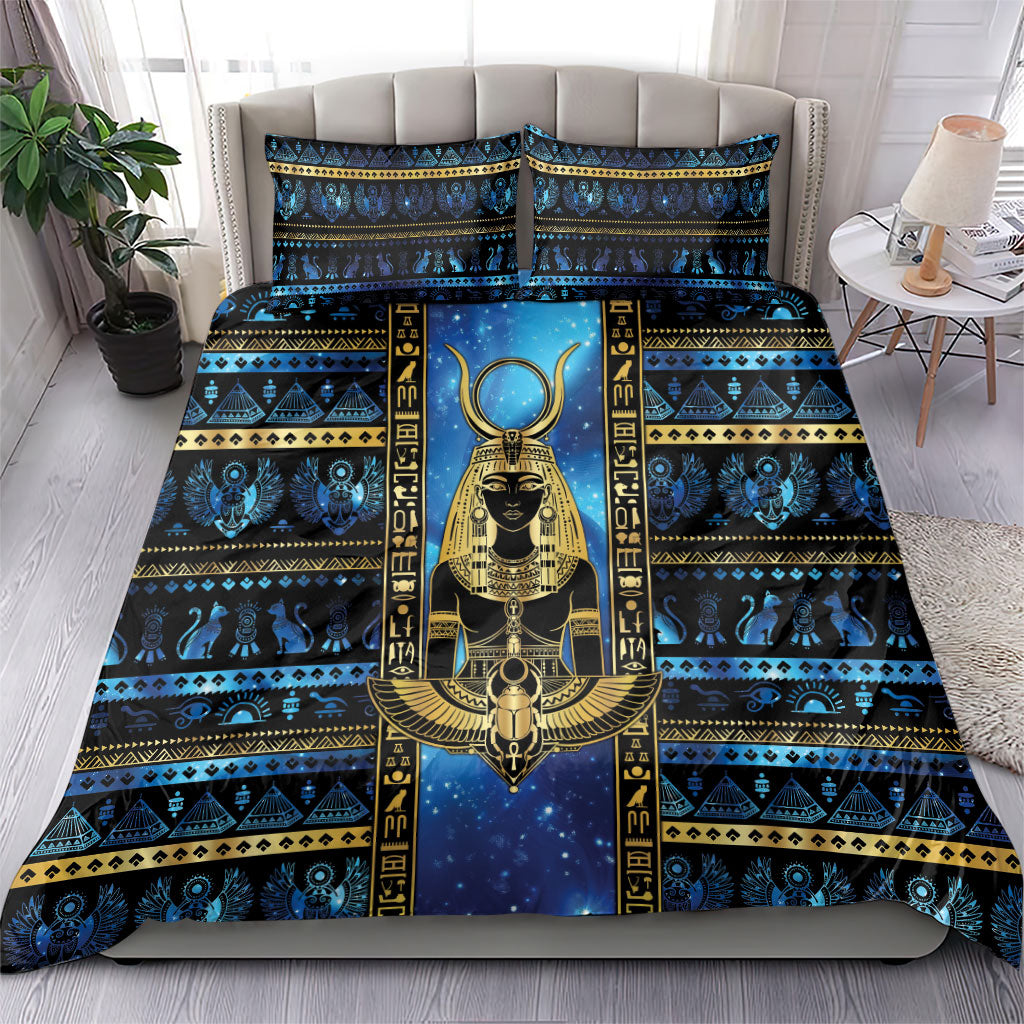 Egyptian Goddess Hathor Bedding Set Galaxy Ancient Mythology Sun Disk Cow Horn