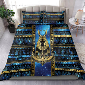 Egyptian Goddess Hathor Bedding Set Galaxy Ancient Mythology Sun Disk Cow Horn