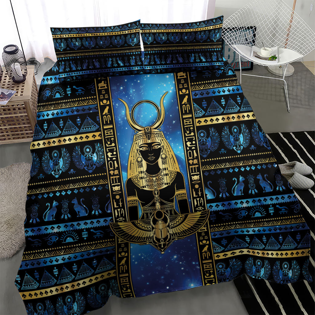 Egyptian Goddess Hathor Bedding Set Galaxy Ancient Mythology Sun Disk Cow Horn