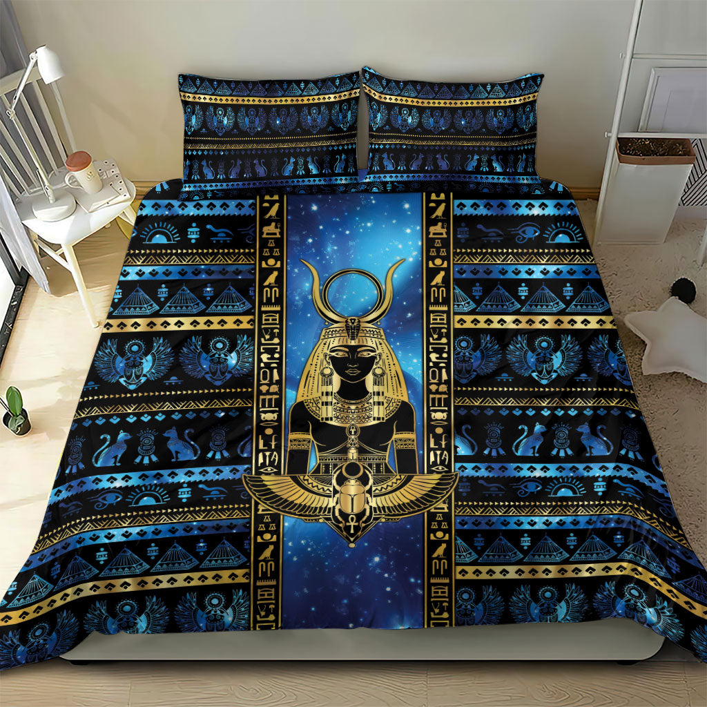 Egyptian Goddess Hathor Bedding Set Galaxy Ancient Mythology Sun Disk Cow Horn