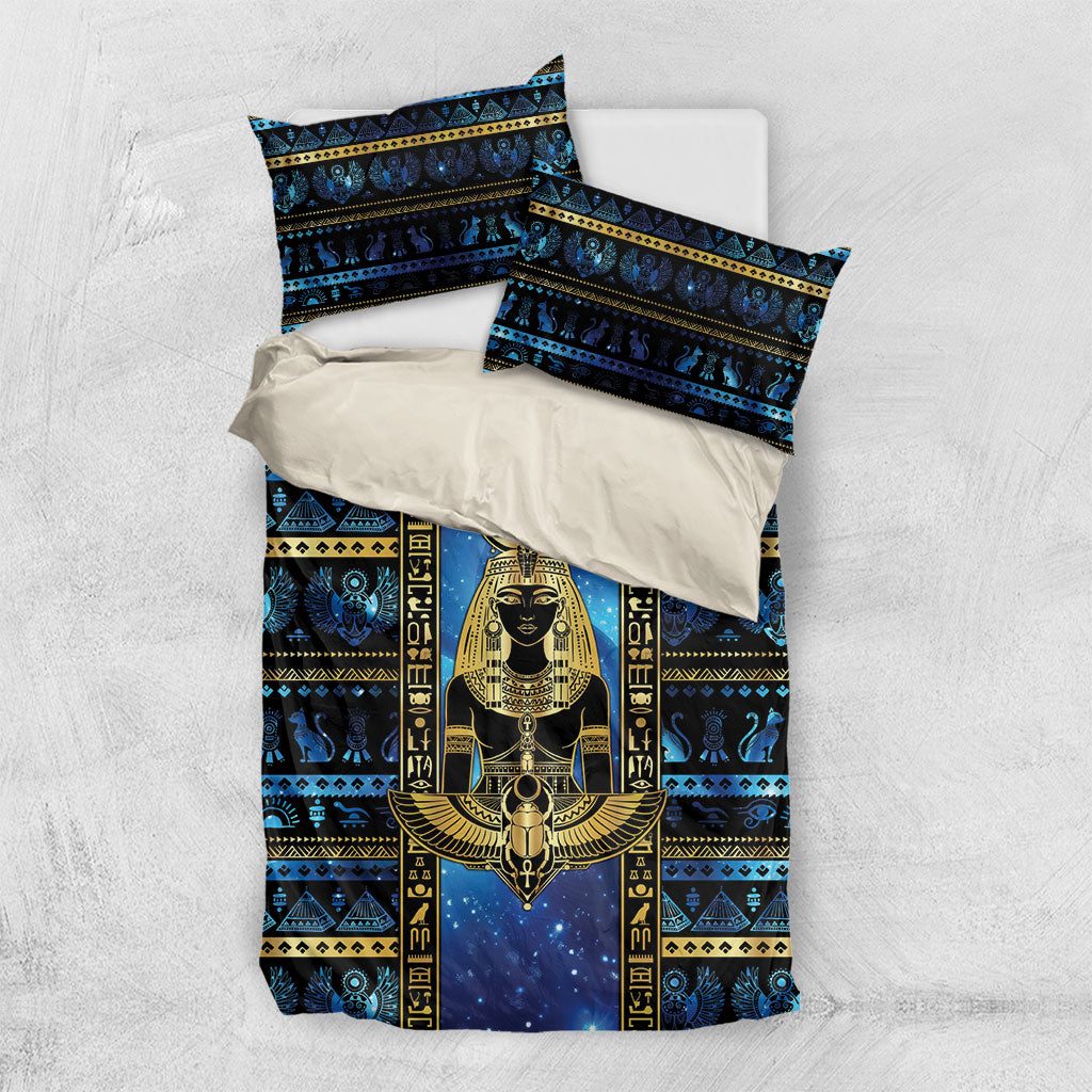 Egyptian Goddess Hathor Bedding Set Galaxy Ancient Mythology Sun Disk Cow Horn