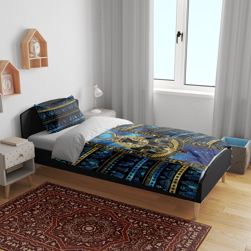 Egyptian Goddess Hathor Bedding Set Galaxy Ancient Mythology Sun Disk Cow Horn