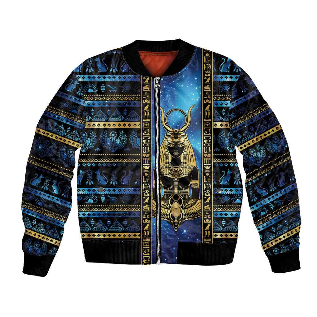 Egyptian Goddess Hathor Bomber Jacket Galaxy Ancient Mythology Sun Disk Cow Horn