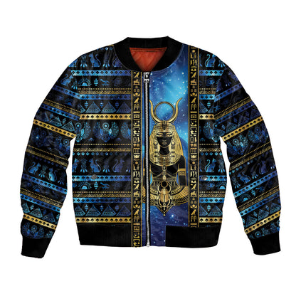 Egyptian Goddess Hathor Bomber Jacket Galaxy Ancient Mythology Sun Disk Cow Horn