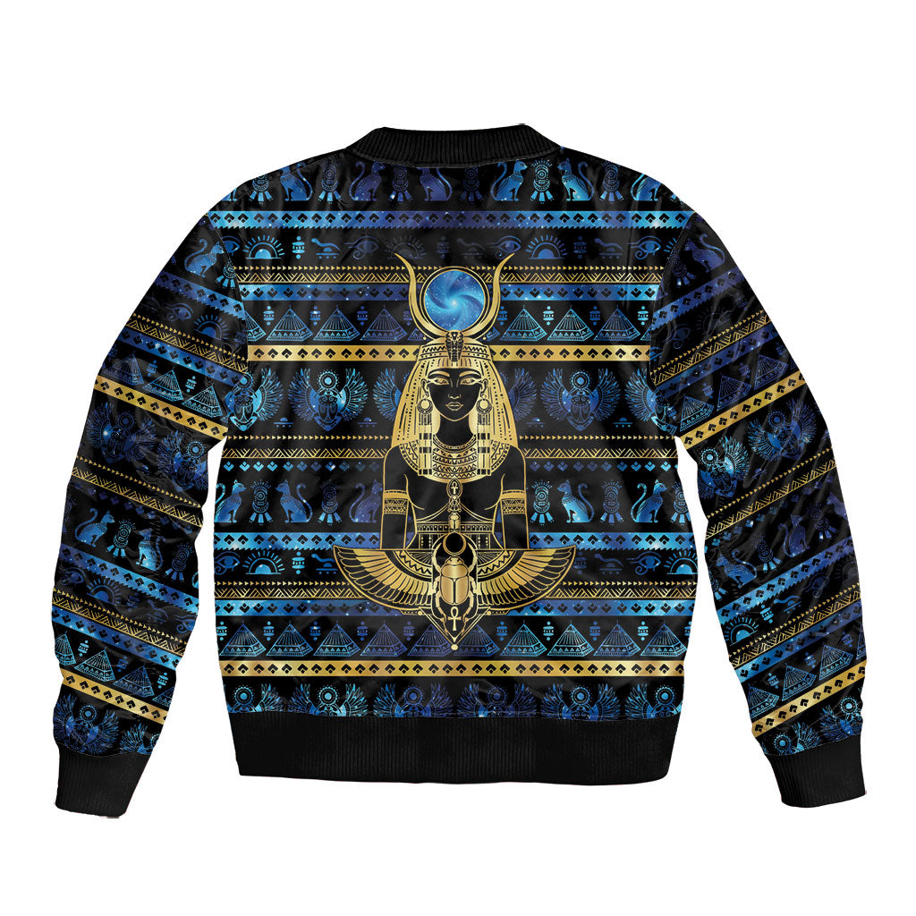 Egyptian Goddess Hathor Bomber Jacket Galaxy Ancient Mythology Sun Disk Cow Horn