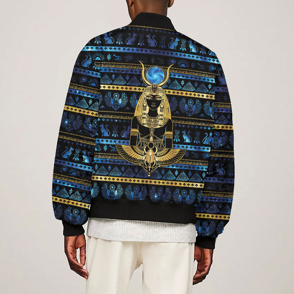 Egyptian Goddess Hathor Bomber Jacket Galaxy Ancient Mythology Sun Disk Cow Horn