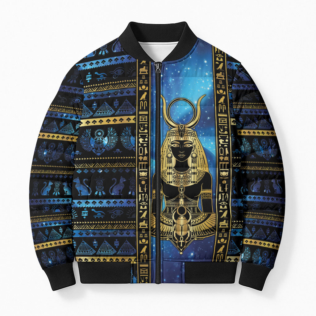 Egyptian Goddess Hathor Bomber Puffer Jacket Galaxy Ancient Mythology Sun Disk Cow Horn