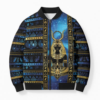Egyptian Goddess Hathor Bomber Puffer Jacket Galaxy Ancient Mythology Sun Disk Cow Horn