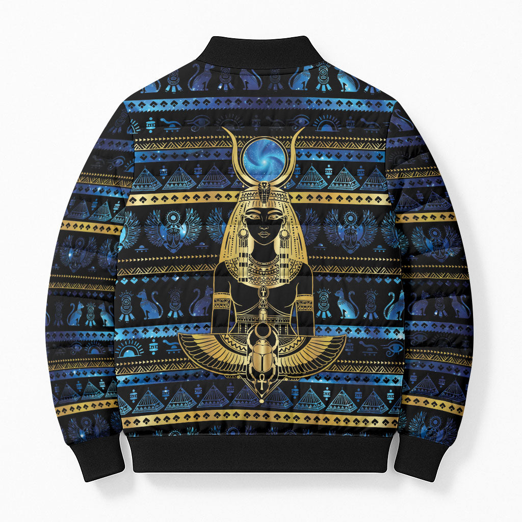 Egyptian Goddess Hathor Bomber Puffer Jacket Galaxy Ancient Mythology Sun Disk Cow Horn