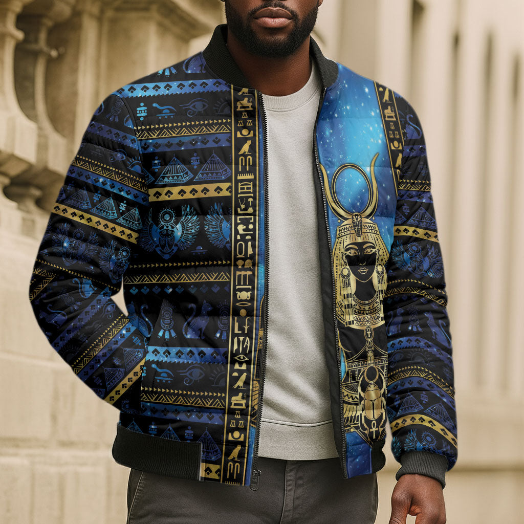 Egyptian Goddess Hathor Bomber Puffer Jacket Galaxy Ancient Mythology Sun Disk Cow Horn
