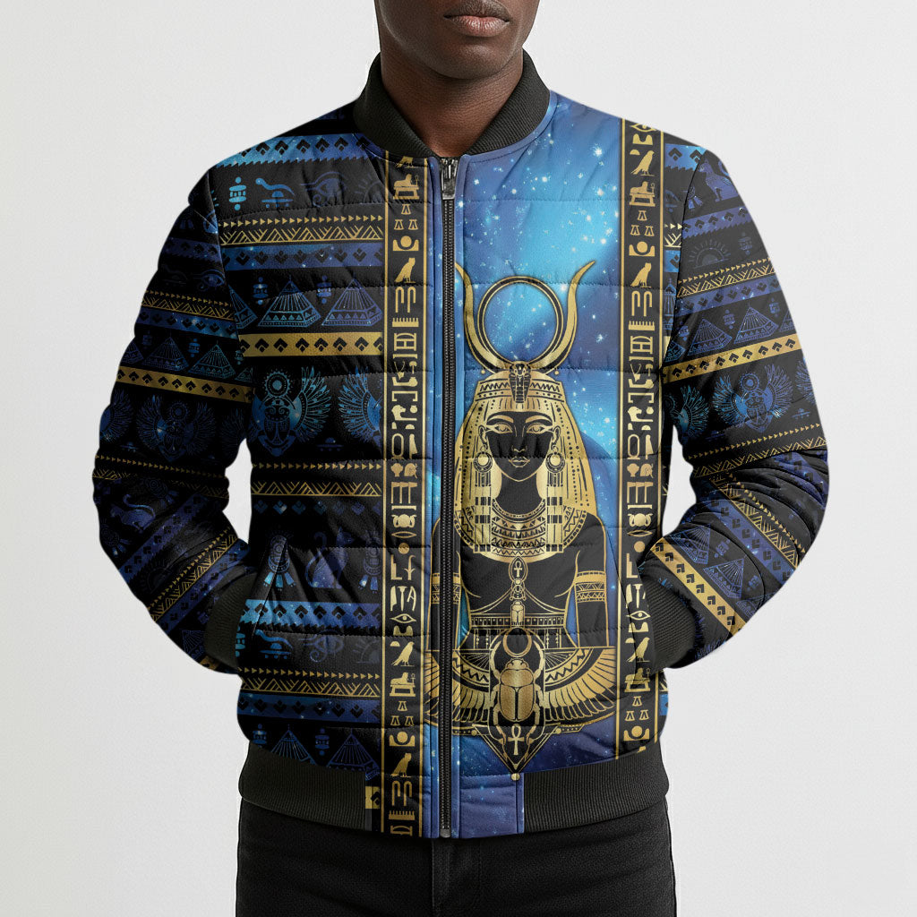 Egyptian Goddess Hathor Bomber Puffer Jacket Galaxy Ancient Mythology Sun Disk Cow Horn