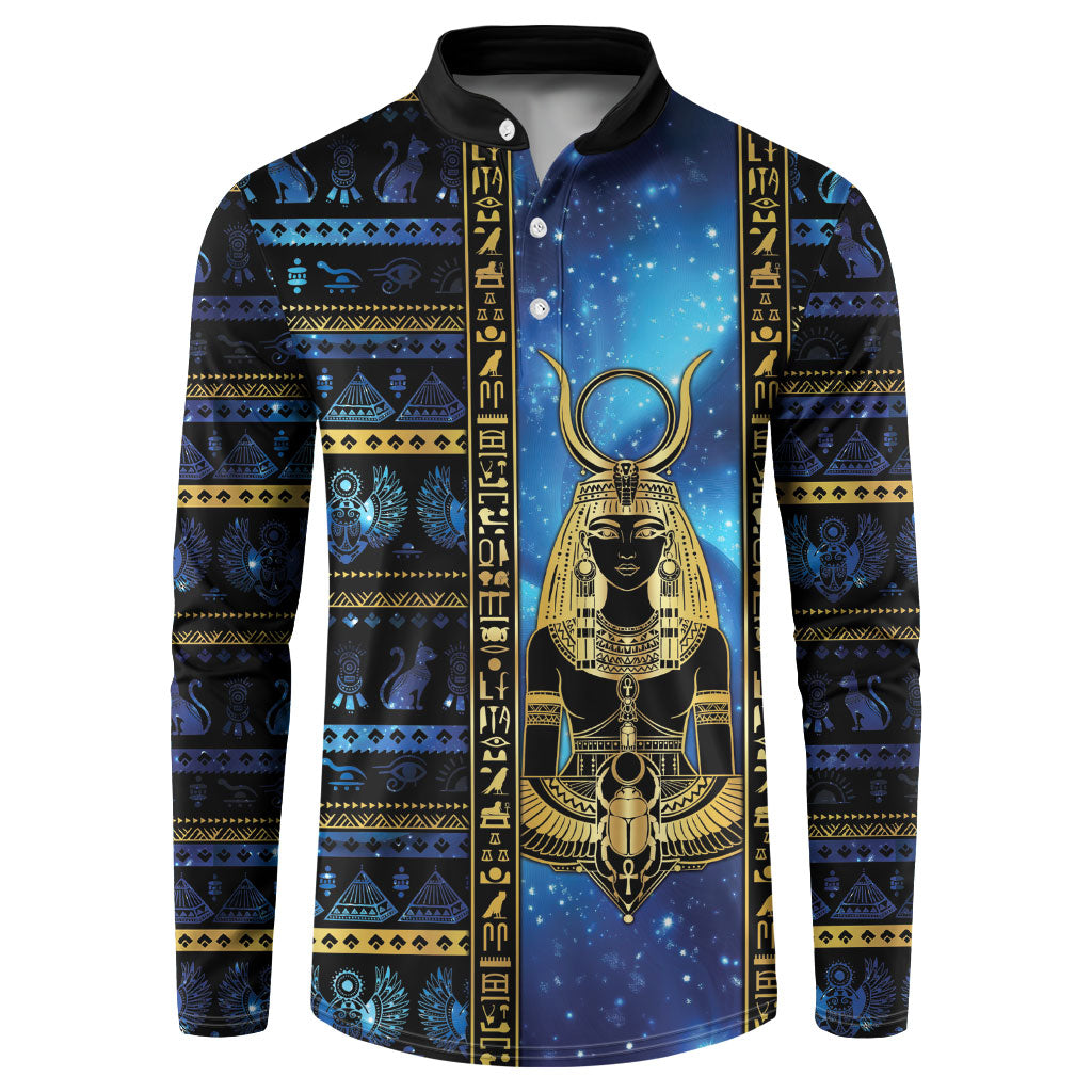 Egyptian Goddess Hathor Button Sweatshirt Galaxy Ancient Mythology Sun Disk Cow Horn
