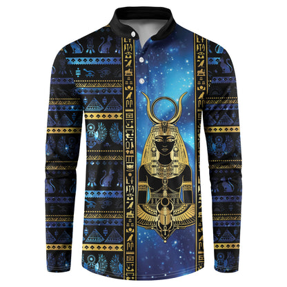 Egyptian Goddess Hathor Button Sweatshirt Galaxy Ancient Mythology Sun Disk Cow Horn