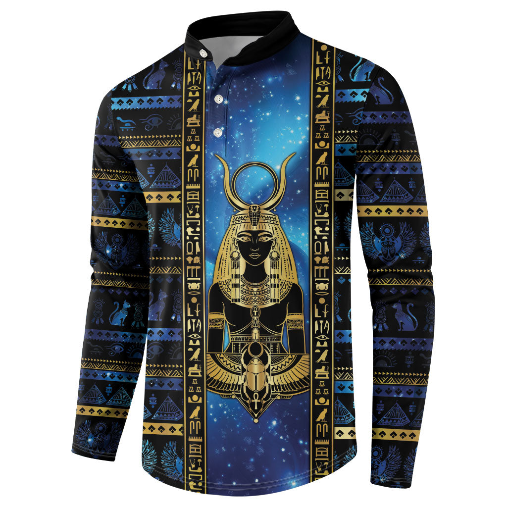 Egyptian Goddess Hathor Button Sweatshirt Galaxy Ancient Mythology Sun Disk Cow Horn