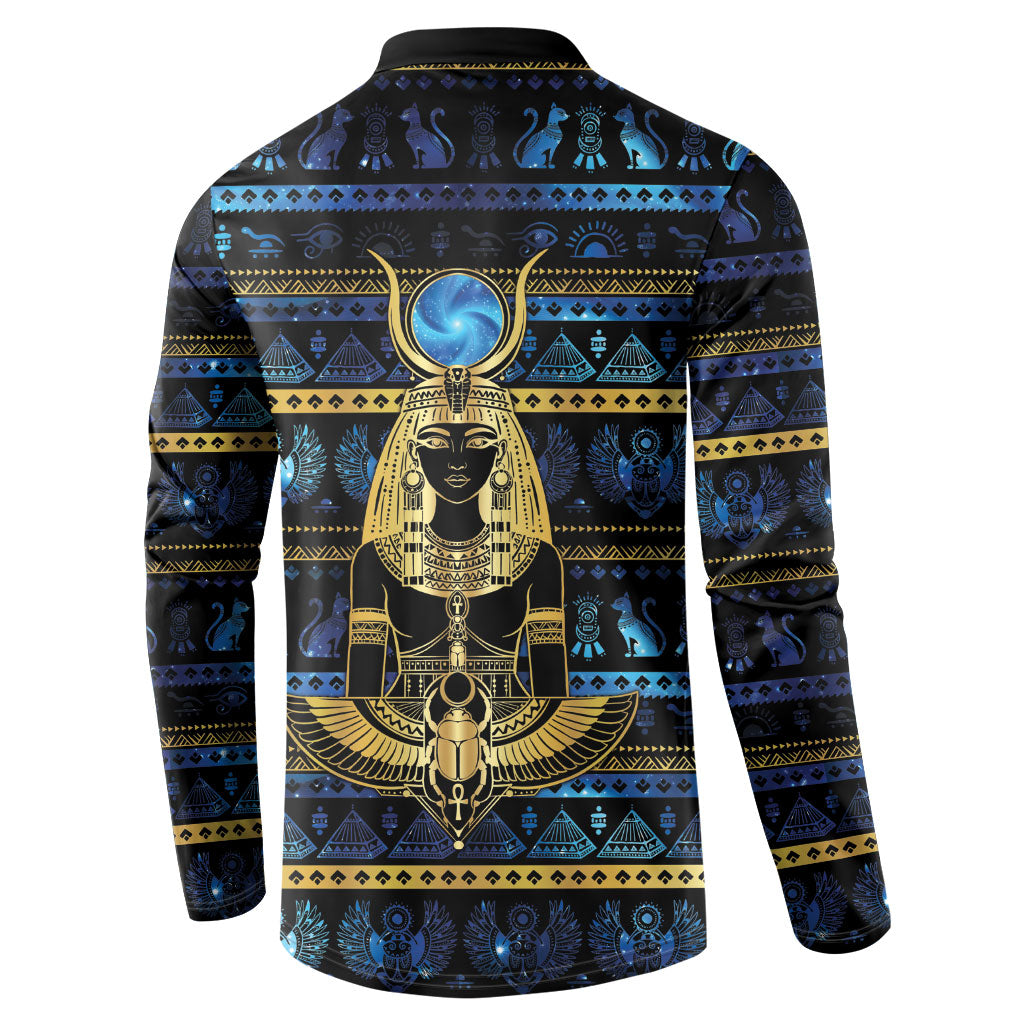 Egyptian Goddess Hathor Button Sweatshirt Galaxy Ancient Mythology Sun Disk Cow Horn