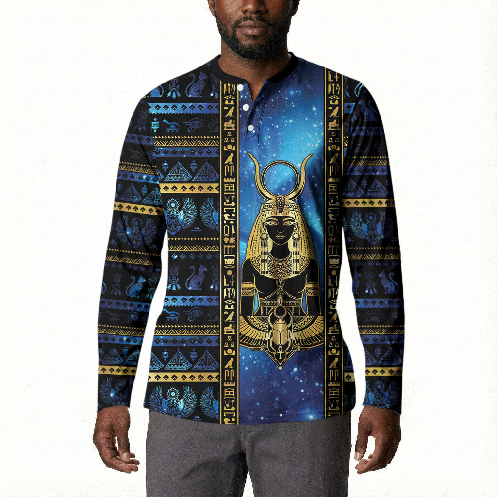 Egyptian Goddess Hathor Button Sweatshirt Galaxy Ancient Mythology Sun Disk Cow Horn