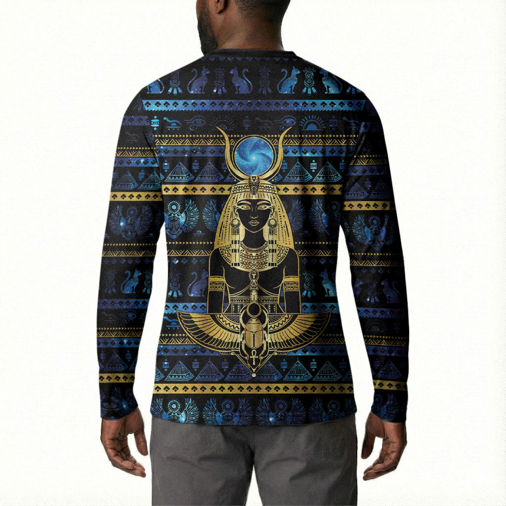 Egyptian Goddess Hathor Button Sweatshirt Galaxy Ancient Mythology Sun Disk Cow Horn