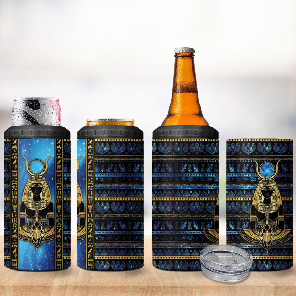 Egyptian Goddess Hathor 4 in 1 Can Cooler Tumbler Galaxy Ancient Mythology Sun Disk Cow Horn