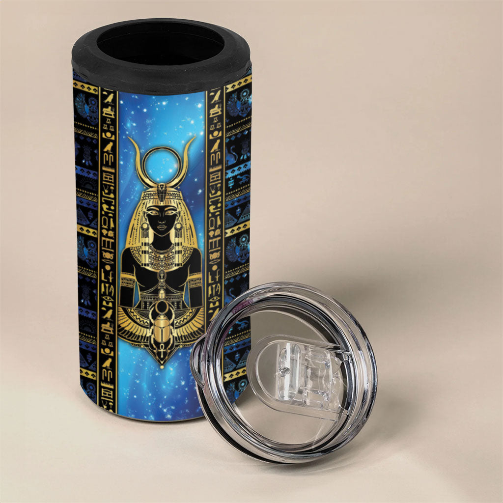 Egyptian Goddess Hathor 4 in 1 Can Cooler Tumbler Galaxy Ancient Mythology Sun Disk Cow Horn