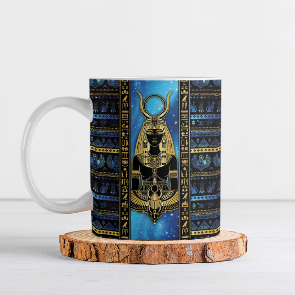 Egyptian Goddess Hathor Ceramic Mug Galaxy Ancient Mythology Sun Disk Cow Horn